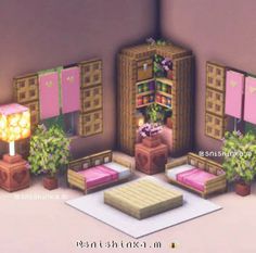 the room is decorated in pink and brown colors with lots of plants on the shelves