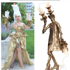 a woman dressed in gold is next to an image of a man wearing a costume