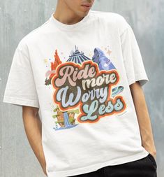 "Looking for the perfect tee for your next trip to Disneyland? This vintage style Disneyland t-shirt is sure to be a hit! Featuring the words \"Ride More, Worry Less\" and graphics of classic rides including Space Mountain, Thunder Mountain, Matterhorn, Monorail, and Splash Mountain, this distressed t-shirt is the perfect way to remember all the fun you had at the happiest place on earth. The comfortable, relaxed fit makes it perfect for a day at the park or just lounging around at home. Get you Cute Disney Shirts, Disney Luggage, Disneyland Shirt, Disneyland Rides, Thunder Mountain, Trip To Disneyland, Disney Trip Shirts, Splash Mountain, Mickey Shirt