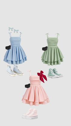 four dresses and converse sneakers are shown in this image, including one with a bow on it