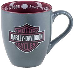 a gray and red harley davidson coffee mug with the words motor, harley - davidson cycles on it