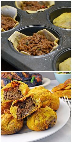 there are several different types of pastries on the plate and in the muffin tins