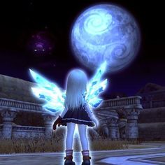 a girl with wings standing in front of a blue moon and swirly orbs