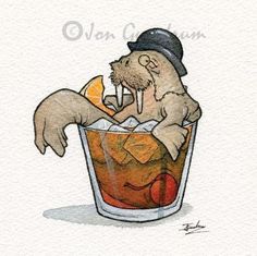 a drawing of a man in a hat drinking from a glass with an orange slice