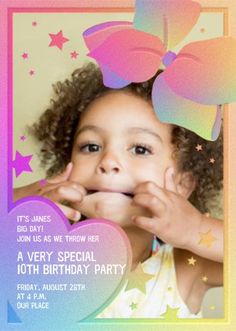 Upload your own photo into this adorable online card, and you'll see how your birthday girl or boy's face gets framed by a colorful heart and pink & purple hair bow. It's a great option for a kid's birthday invitation and comes with online RSVP tracking. Purple Hair Bow, Pink Purple Hair, Purple Hair Bows, Rainbow Blocks, Online Card, Online Invitation, Kids Birthday Party Invitations, Balloon Animals, Birthday Invitations Kids