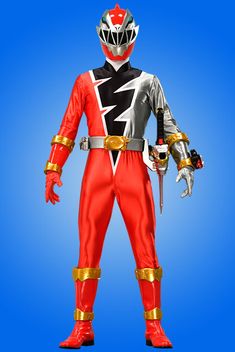 a man in a red and silver power ranger costume standing with his hands on his hips