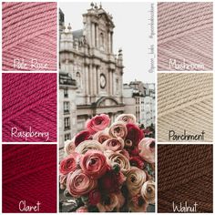 different shades of yarn with the names of each product in front of them and an image of a building