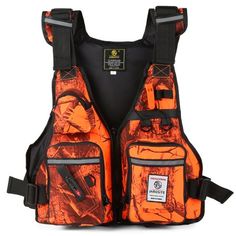 an orange and black life jacket on a white background