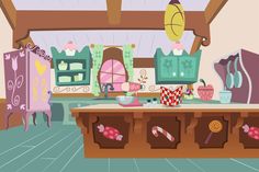 a cartoon kitchen filled with lots of furniture and decor on top of a wooden table