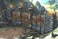 a drawing of a gate with torches on it and mountains in the backround