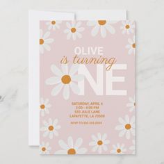 a pink and white floral birthday party card with daisies on the front, in gold foil