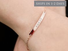 BAR NAME BRACELET This beautiful name bar bracelet is perfect for everyday wear and it would make a great gift for a Mom, bridesmaid, friend, or any loved one. DESCRIPTION * Material: High quality solid 925 sterling silver * Dimensions: 35x4mm bar * Finish: Sterling Silver ∙ 18K Gold vermeil ∙ Rose Gold vermeil * All our jewelry is custom and handmade with love in our studio * Engraved with a high precision jewelry engraver imported from France, extremely clear and easy to read * Handmade to ord Minimalist Name Bracelet For Bridesmaid Gift, Personalized Minimalist Name Bracelet For Bridesmaid, Minimalist Personalized Name Bracelet For Bridesmaid, Minimalist Silver Name Bracelet For Bridesmaids, Minimalist Name Bracelet For Everyday, Minimalist Bracelets For Personalized Gift, Minimalist Rose Gold Bracelet With Custom Name, Minimalist Rose Gold Name Bracelet For Wedding, Minimalist Rose Gold Name Bracelet For Personalized Gift