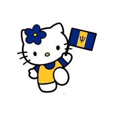 a hello kitty holding up a flag with the letter w on it's chest