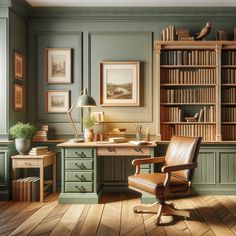 an office with bookshelves, desk and chair in the middle of the room