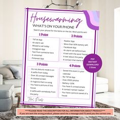 a housewarming poster with the words what's on your phone written below it