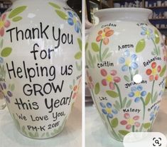 two vases decorated with flowers and the words thank you for helping us grow this year