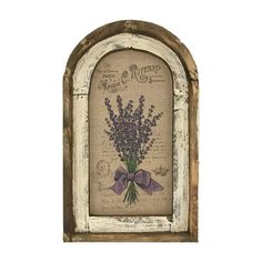 an old wooden frame with lavenders on the front and purple ribbon around the edges