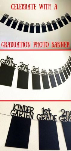 some black and white graduation banners hanging from a line with the words, celebrate with a graduation