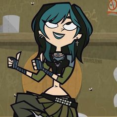 a cartoon character with blue hair and piercings holding a guitar in front of a wall