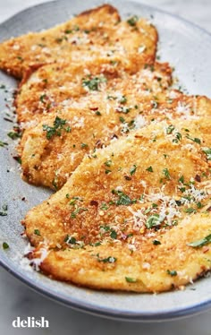 two pieces of fried chicken on a plate with parmesan cheese and herbs sprinkled on top