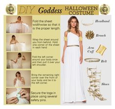 a woman in a white dress with gold accessories on her feet and the words, diy goddess costume