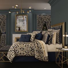 a bedroom with blue walls and gold accents