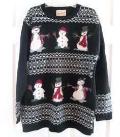 Woolrich Wool Christmas Sweater Womens Size M Black Snowmen Ugly Cute Holiday Black Christmas Sweater, Holiday Signs, Black Christmas, Sweater Womens, Christmas Sweater, Flea Market, Fair Isle, Sweater Outfits, Christmas Sweaters