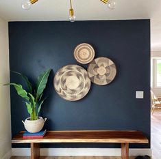 three baskets on the wall above a wooden bench with a potted plant in front of it