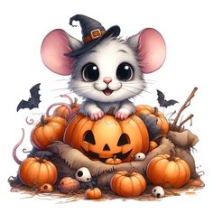 a mouse sitting on top of a pile of pumpkins