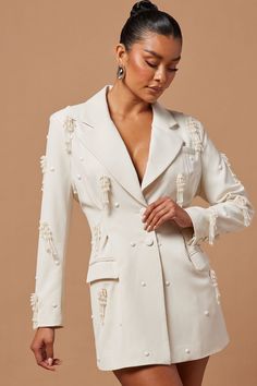 Jamie Embellished Blazer - Champagne | Fashion Nova, Luxe | Fashion Nova Champagne Fashion, Embellished Blazer, Woman In Suit, Cute Short Dresses, Elegant Jacket, Summer Shorts Outfits, Embellished Jacket, Abaya Designs, Business Suit