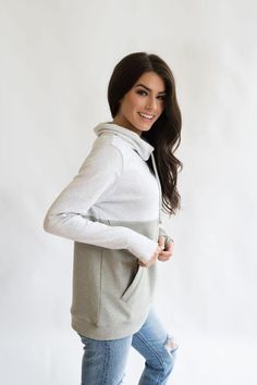 This is our #1 selling NURSING SWEATSHIRT and it comes in many color combos! The main reasons: the QUALITY fabric, LOOSE fit, and the TRENDY design! The material is super soft and washes great!**Nursing opening is hidden along the colorblock line. It's one long zipper with pulls on both sides, making it super easy to nurse (for any size chest). **Two-tone thumbholes**95% cotton, 5% spandex**Machine wash**Fits true to size with a roomy fit. Size down if between sizes.MODEL: Size 2, 5'5 and is wea Nursing Sweatshirt, Nursing Sweater, Or Nurse, Breastfeeding Clothes, Cowl Neck Sweatshirt, Nursing Tops, Nursing Clothes, Jersey Knit Fabric, Pullover Sweatshirts