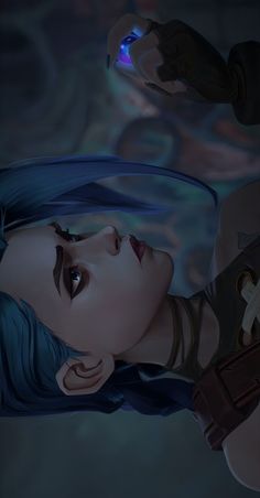 a woman with blue hair is looking up at something