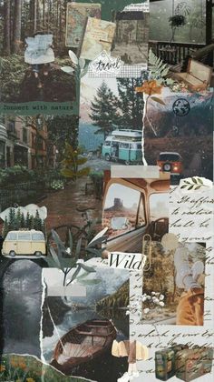 a collage of photos with cars, trucks and trees