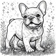 a black and white drawing of a dog standing in the grass with stars around it