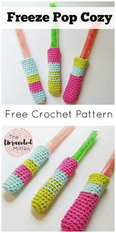 three crocheted toothbrush holders with text overlay that reads, freeze pop cozy free crochet pattern