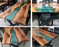 four different views of a table made out of wood and green glass in the center