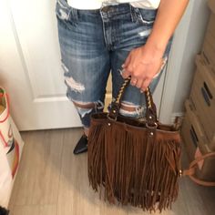 Clean, Good, Used Condition Brown Suede Fringe Handbag. Ordered This Bag From Alfahandbags.Com For $288 Plus S&H. Rare! Always Asked Where I Found This Bag. *Zipper Broke But Still Great And Worth It. Faux Leather With Inside Zipper Pocket Removable Shoulder Strap W:13" X H:14" X D:1" Fall Crossbody Bag With Braided Handles, Fall Satchel Bag With Braided Handles, Brown Bag With Handle Drop For Fall, Brown Bags With Handle Drop For Fall, Fall Shopping Bag With Braided Handles, Fall Shopping Bags With Braided Handles, Fall Tote Bag With Braided Handles, Brown Fringe Shoulder Bag For Daily Use, Brown Satchel Bag With Fringe