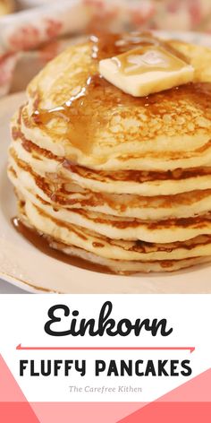 pancakes with syrup and butter on top are shown in this advertisement for the pancake kitchen