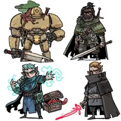 four different types of cartoon characters with swords and armor on their shoulders, one in the middle