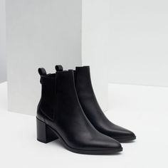 BLOCK HEEL LEATHER ANKLE BOOTS WITH STRETCH DETAIL, black, pointed, chelsea $139 | Zara Zara Elegant Ankle Heeled Boots, Zara Leather Pointed Toe Boots, Sleek Zara Pointed Toe Boots, Zara Fitted Ankle Heeled Boots, Pointed Chelsea Boots, Zara Black Ankle Heeled Boots, Zara Boots, High Boots Outfit, Botas Chelsea