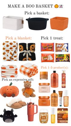 the contents of an orange and white basket with text that says, make a boo basket pick a basket