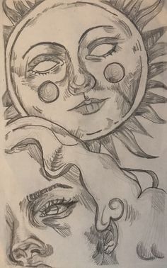 a drawing of a sun and a woman's face with their faces drawn in pencil