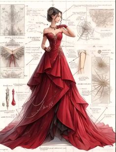 Dress Sketches Aesthetic, Luxury Gowns Red Carpets, Red Dress Sketch, Red Fantasy Gown, Red Dress Drawing, Red Fantasy Dress, Red Summer Wedding, Fantasy Ballgown, Royalty Outfits