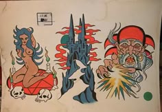 an old school tattoo design on the back of a refrigerator freezer, with two different designs