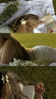 a woman laying in the grass reading a book and wearing a flowered headband