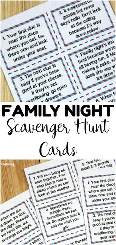 printable family night scavenger hunt cards for kids to help them learn how to write