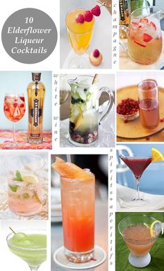 the top ten elderflower liquor cocktails are shown in this collage with different drinks