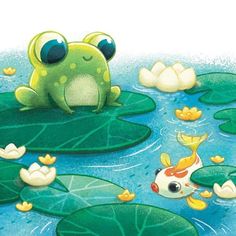 a frog sitting on top of lily pads next to a goldfish in the water