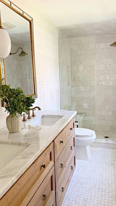 a bathroom with two sinks, a toilet and a shower