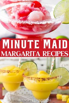 two margarita cocktails with lime slices on the side